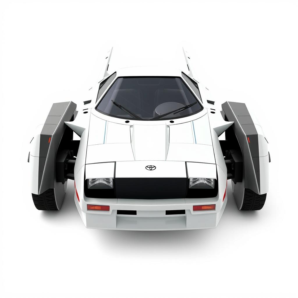 A futuristic spaceship inspired by the design of a Toyota AE86, featuring sharp lines and a distinct boxy shape reminiscent of the classic car
