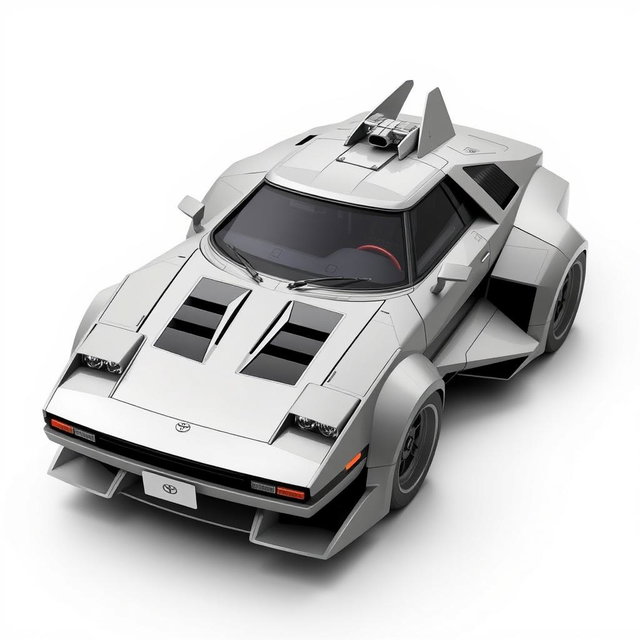 A futuristic spaceship inspired by the design of a Toyota AE86, featuring sharp lines and a distinct boxy shape reminiscent of the classic car