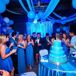 A lively party scene with a blue theme, featuring guests dressed in various shades of blue attire