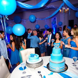 A lively party scene with a blue theme, featuring guests dressed in various shades of blue attire