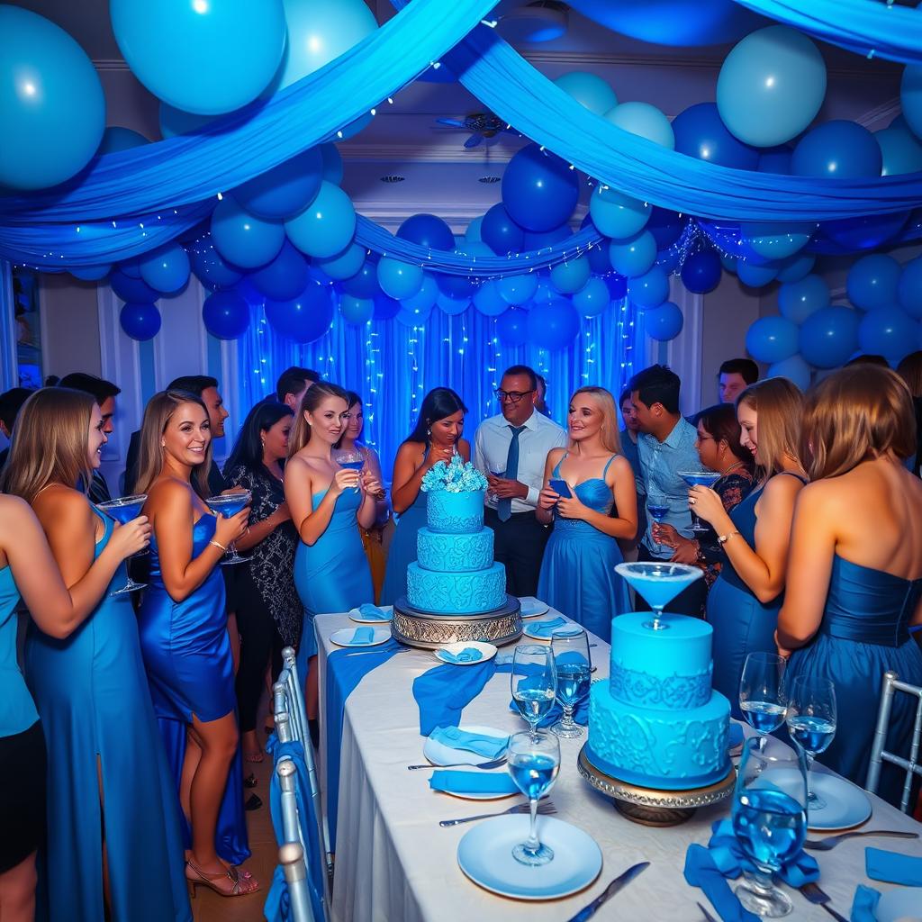 A lively party scene with a blue theme, featuring guests dressed in various shades of blue attire