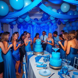 A lively party scene with a blue theme, featuring guests dressed in various shades of blue attire