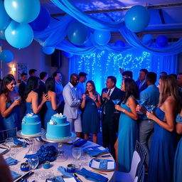 A lively party scene with a blue theme, featuring guests dressed in various shades of blue attire