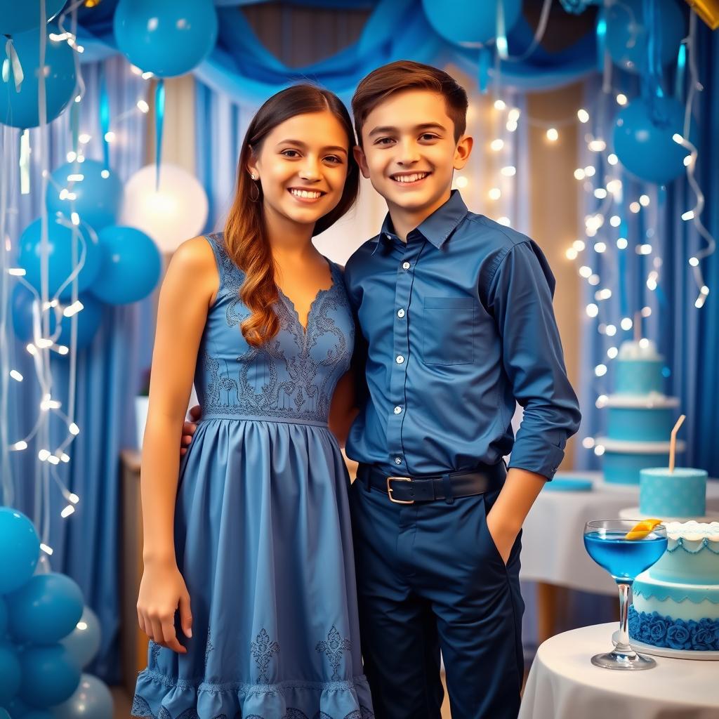 A cheerful scene featuring a girl and a boy at a party with a blue theme