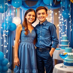 A cheerful scene featuring a girl and a boy at a party with a blue theme