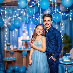 A cheerful scene featuring a girl and a boy at a party with a blue theme