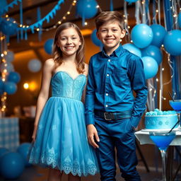 A cheerful scene featuring a girl and a boy at a party with a blue theme