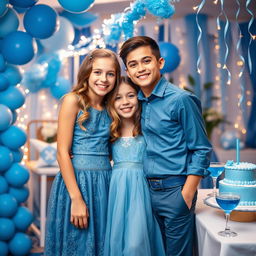 A cheerful scene featuring a girl and a boy at a party with a blue theme