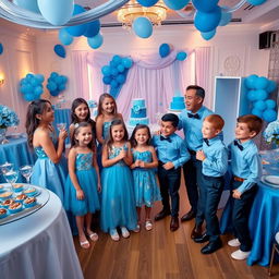 A joyful scene featuring a group of girls and boys at a party with a blue theme