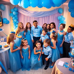 A joyful scene featuring a group of girls and boys at a party with a blue theme