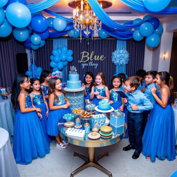 A joyful scene featuring a group of girls and boys at a party with a blue theme