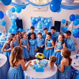 A joyful scene featuring a group of girls and boys at a party with a blue theme