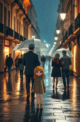 A night scene featuring couples walking together under umbrellas in a romantic, rainy atmosphere