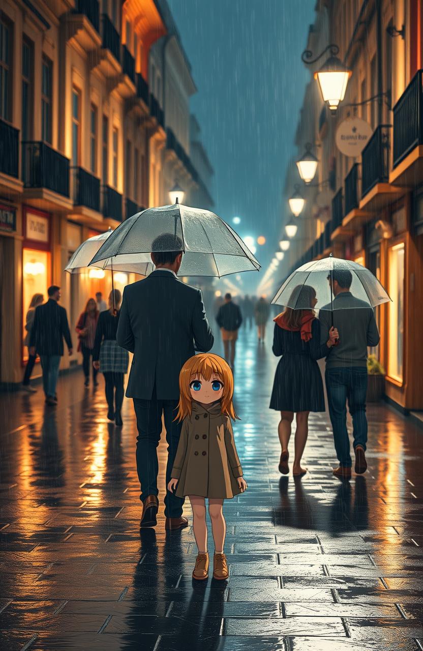 A night scene featuring couples walking together under umbrellas in a romantic, rainy atmosphere
