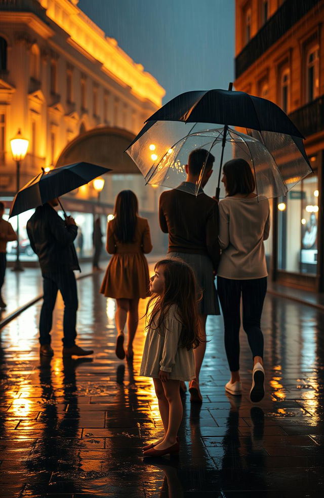 A night scene featuring couples walking together under umbrellas in a romantic, rainy atmosphere