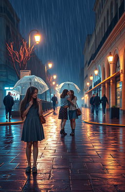 A night scene featuring couples walking together under umbrellas in a romantic, rainy atmosphere