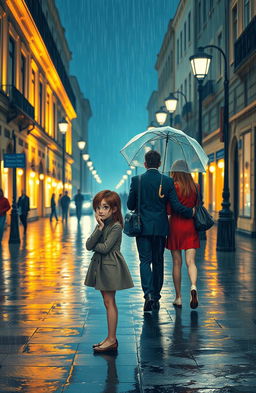 A night scene featuring couples walking together under umbrellas in a romantic, rainy atmosphere