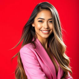 A stunning 20-year-old woman with long flowing hair, smiling brightly in a half-body pose wearing a stylish pink suit