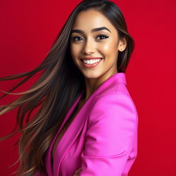 A stunning 20-year-old woman with long flowing hair, smiling brightly in a half-body pose wearing a stylish pink suit