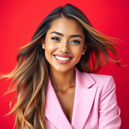 A stunning 20-year-old woman with long flowing hair, smiling brightly in a half-body pose wearing a stylish pink suit