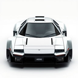 A futuristic spaceship inspired by the design of a Toyota AE86, showcasing sharp lines and the distinct boxy silhouette of the classic car