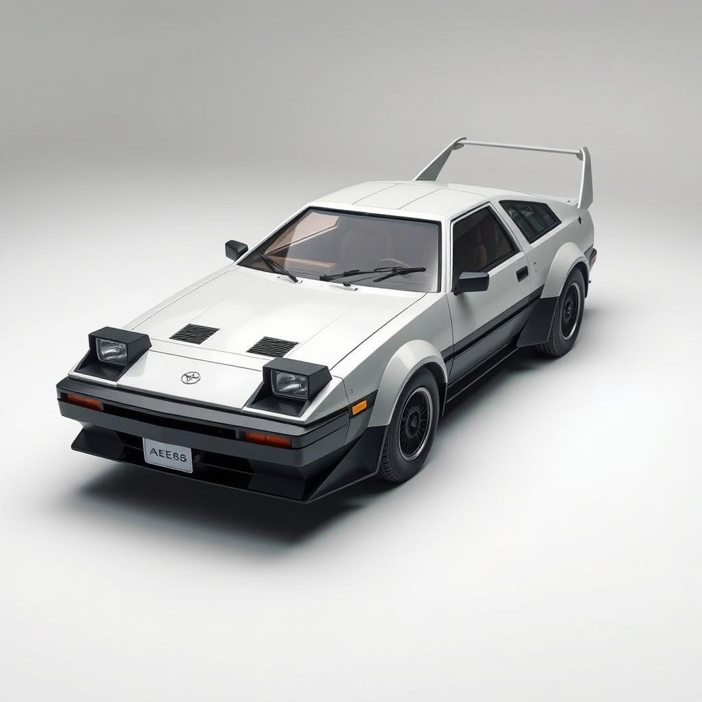 A striking spaceship inspired by the design of a Toyota AE86, featuring the classic boxy silhouette and sharp lines characteristic of the iconic car