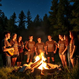 A group of young adults gathered around a warm campfire at night, in the midst of a lush forest setting