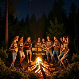A group of young adults gathered around a warm campfire at night, in the midst of a lush forest setting