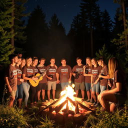 A group of young adults gathered around a warm campfire at night, in the midst of a lush forest setting