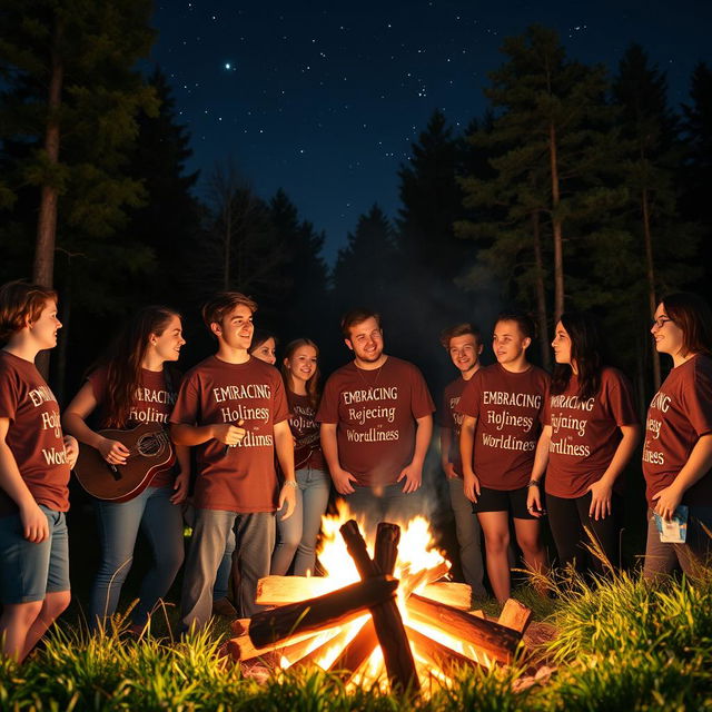 A group of young adults gathered around a warm campfire at night, in the midst of a lush forest setting
