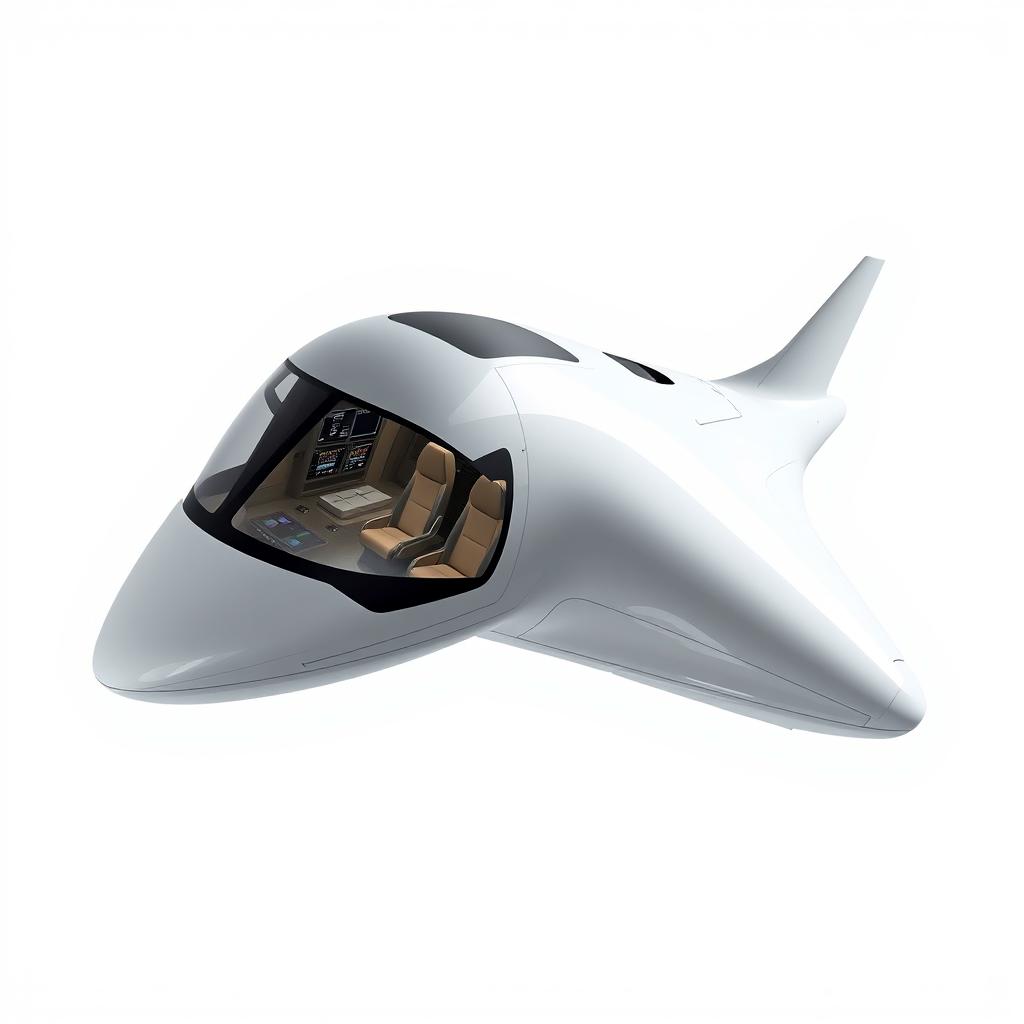 A futuristic passenger spaceship soaring through space, designed with sleek, smooth lines and a predominantly white exterior