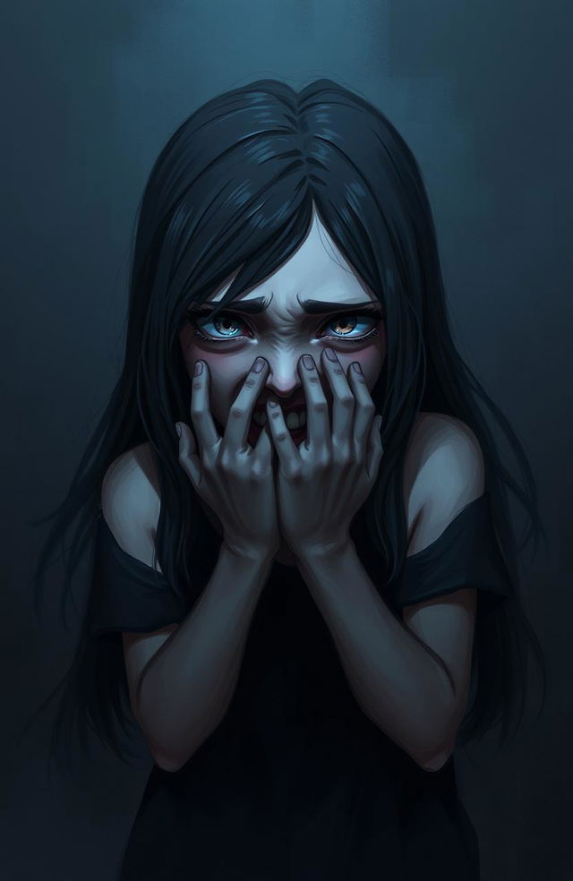 A digital painting of a girl in a dark, moody environment, her expression intense as she screams silently with her mouth covered by two hands