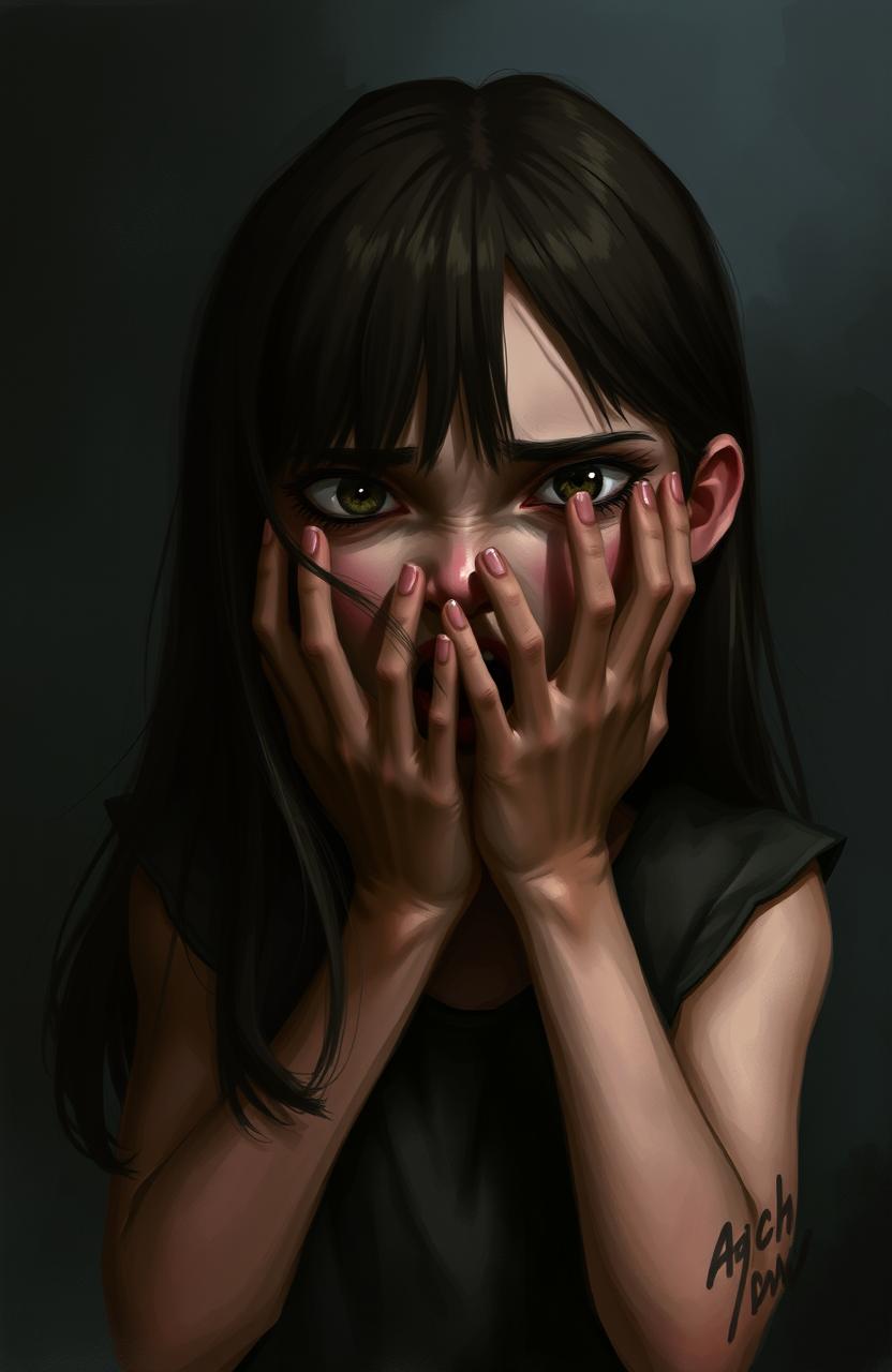 A digital painting of a girl in a dark, moody environment, her expression intense as she screams silently with her mouth covered by two hands