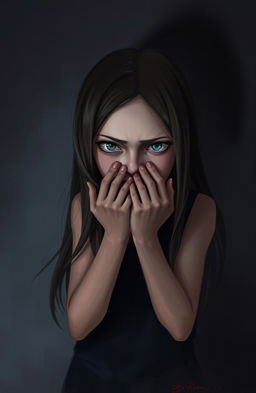 A digital painting of a girl in a dark, moody environment, her expression intense as she screams silently with her mouth covered by two hands