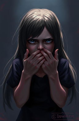A digital painting of a girl in a dark, moody environment, her expression intense as she screams silently with her mouth covered by two hands