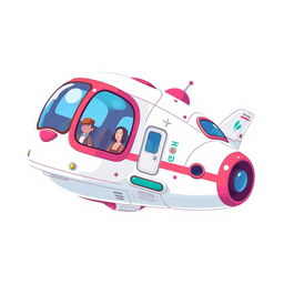 A retro 2000s passenger spaceship, characterized by its rounded shapes, bright colors, and whimsical design