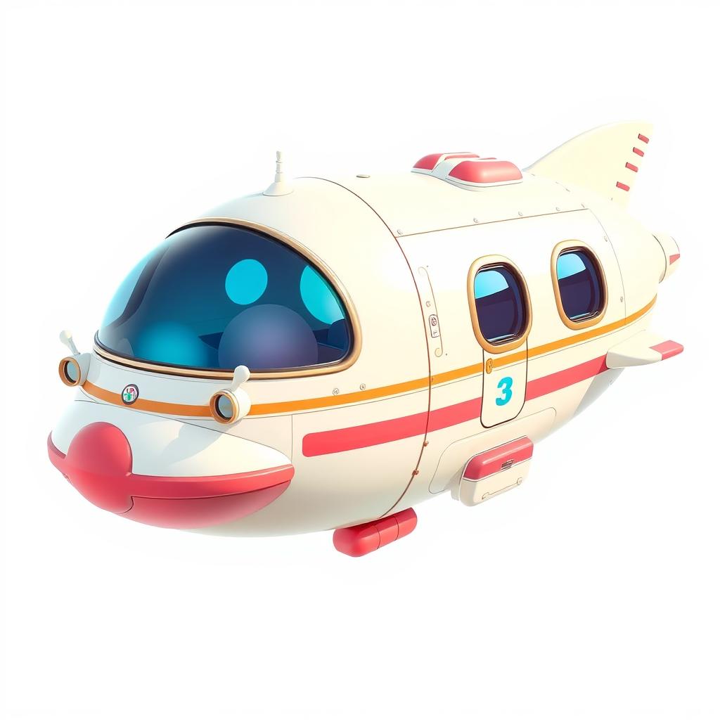 A retro 2000s passenger spaceship, characterized by its rounded shapes, bright colors, and whimsical design
