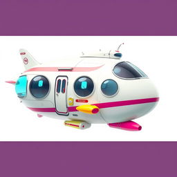 A retro 2000s passenger spaceship, characterized by its rounded shapes, bright colors, and whimsical design