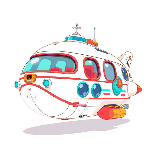 A retro 2000s passenger spaceship, characterized by its rounded shapes, bright colors, and whimsical design