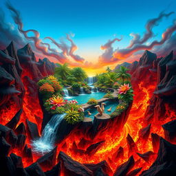 A surreal landscape depicting a beautiful paradise surrounded by a fiery hellscape