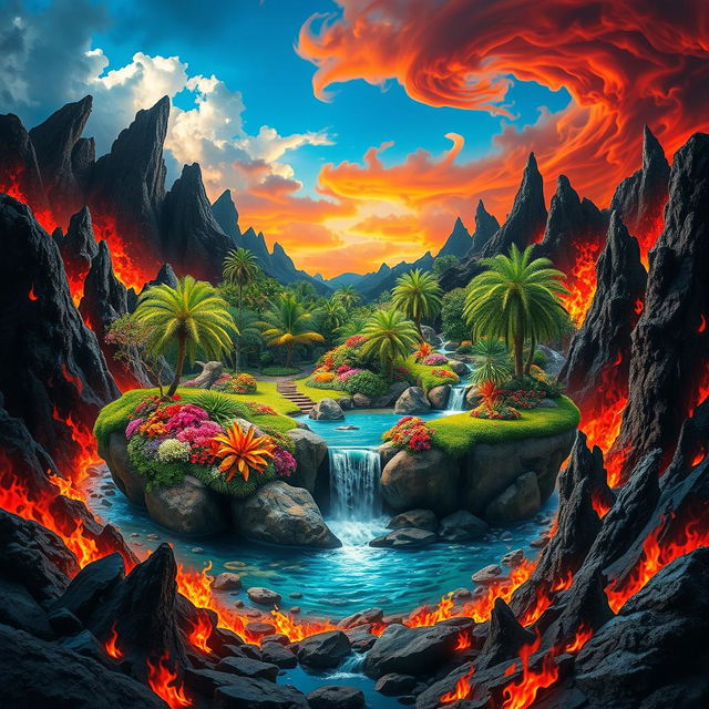 A surreal landscape depicting a beautiful paradise surrounded by a fiery hellscape