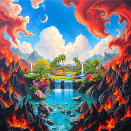 A surreal landscape depicting a beautiful paradise surrounded by a fiery hellscape