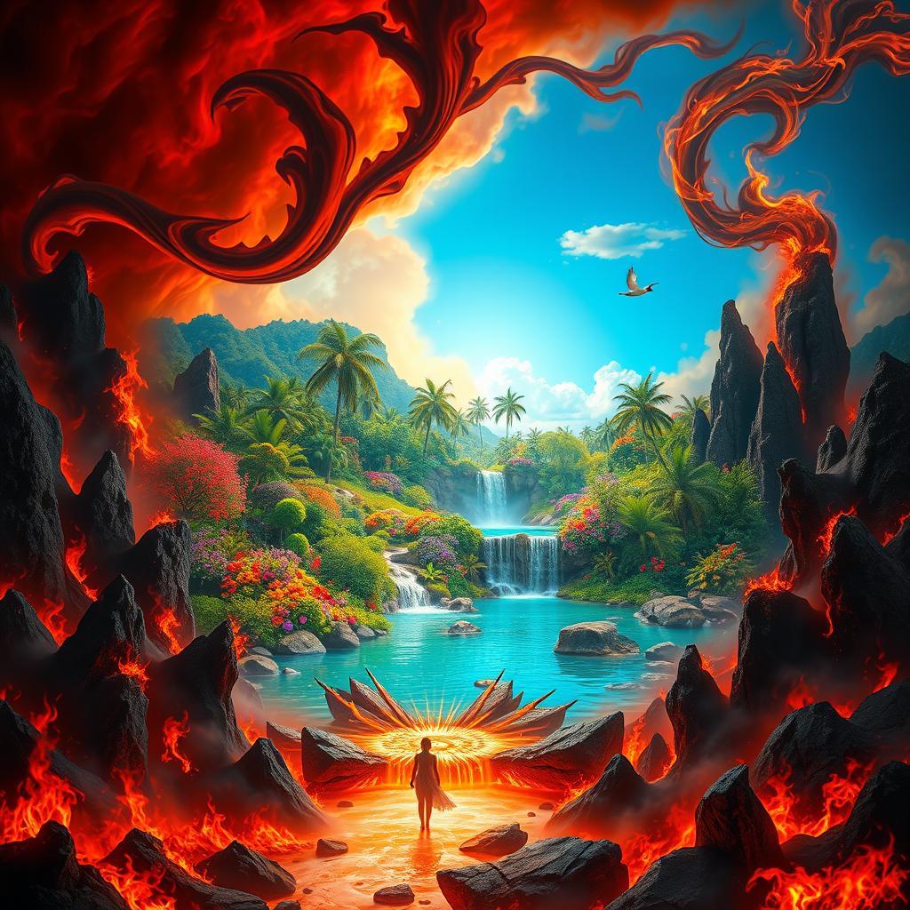 A surreal landscape depicting a beautiful paradise surrounded by a fiery hellscape