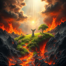 A stunning, surreal landscape depicting paradise in the center of hell