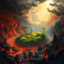 A stunning, surreal landscape depicting paradise in the center of hell
