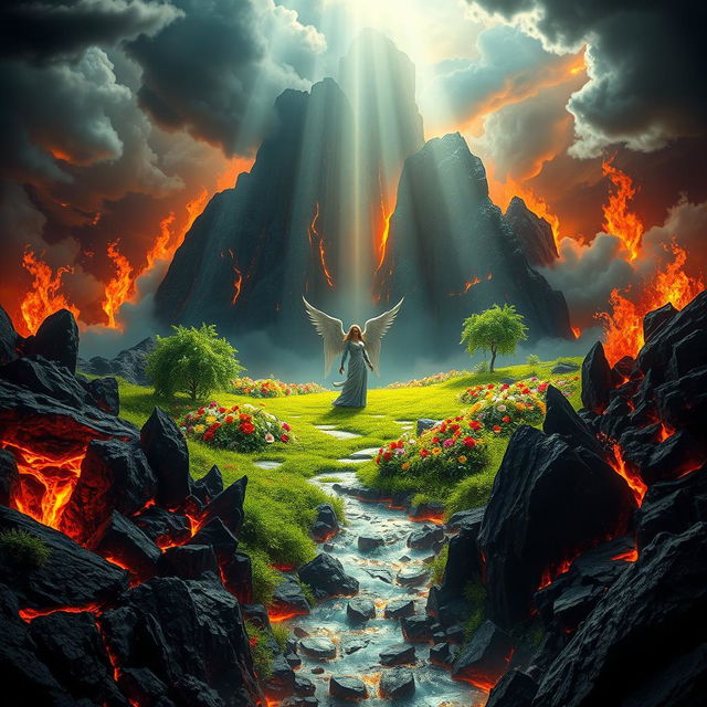 A stunning, surreal landscape depicting paradise in the center of hell