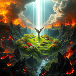 A stunning, surreal landscape depicting paradise in the center of hell