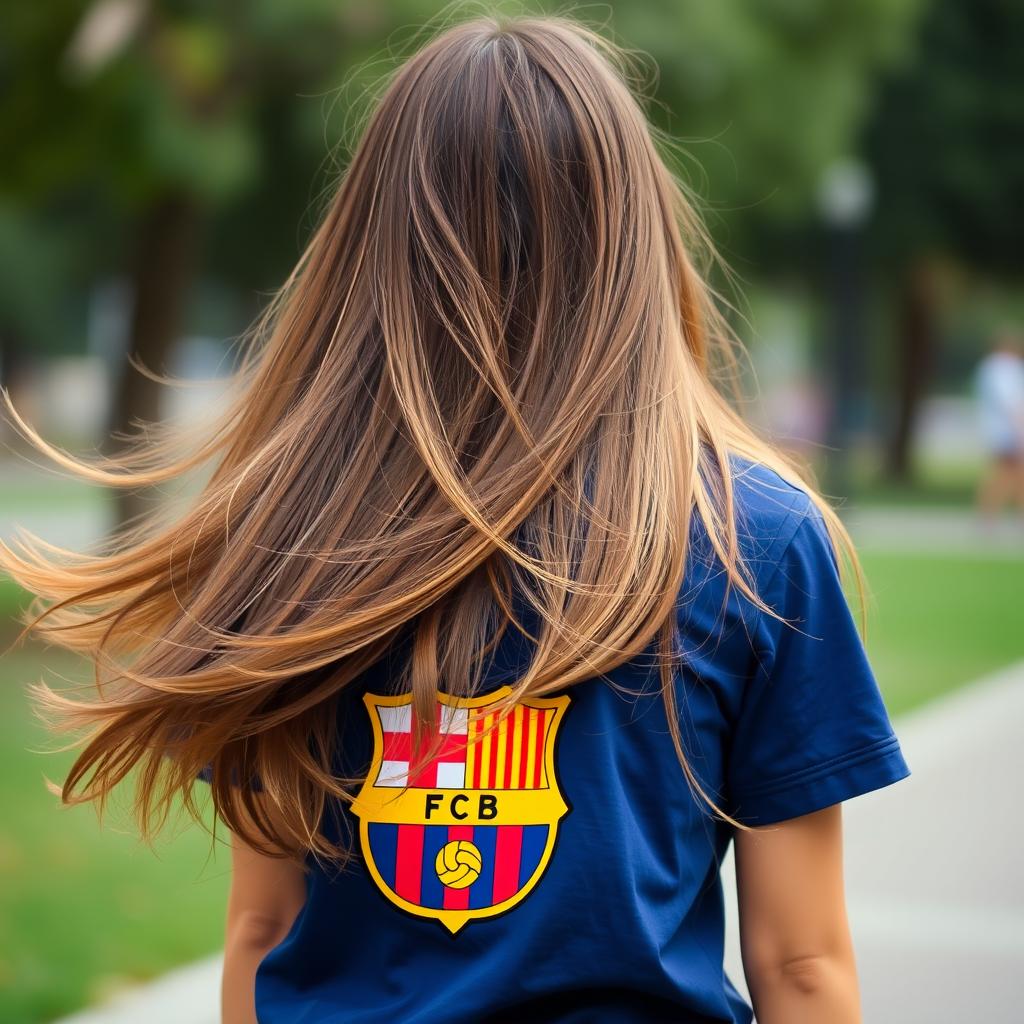 A girl wearing a Barcelona T-shirt with the name 'Alwalid' printed on it