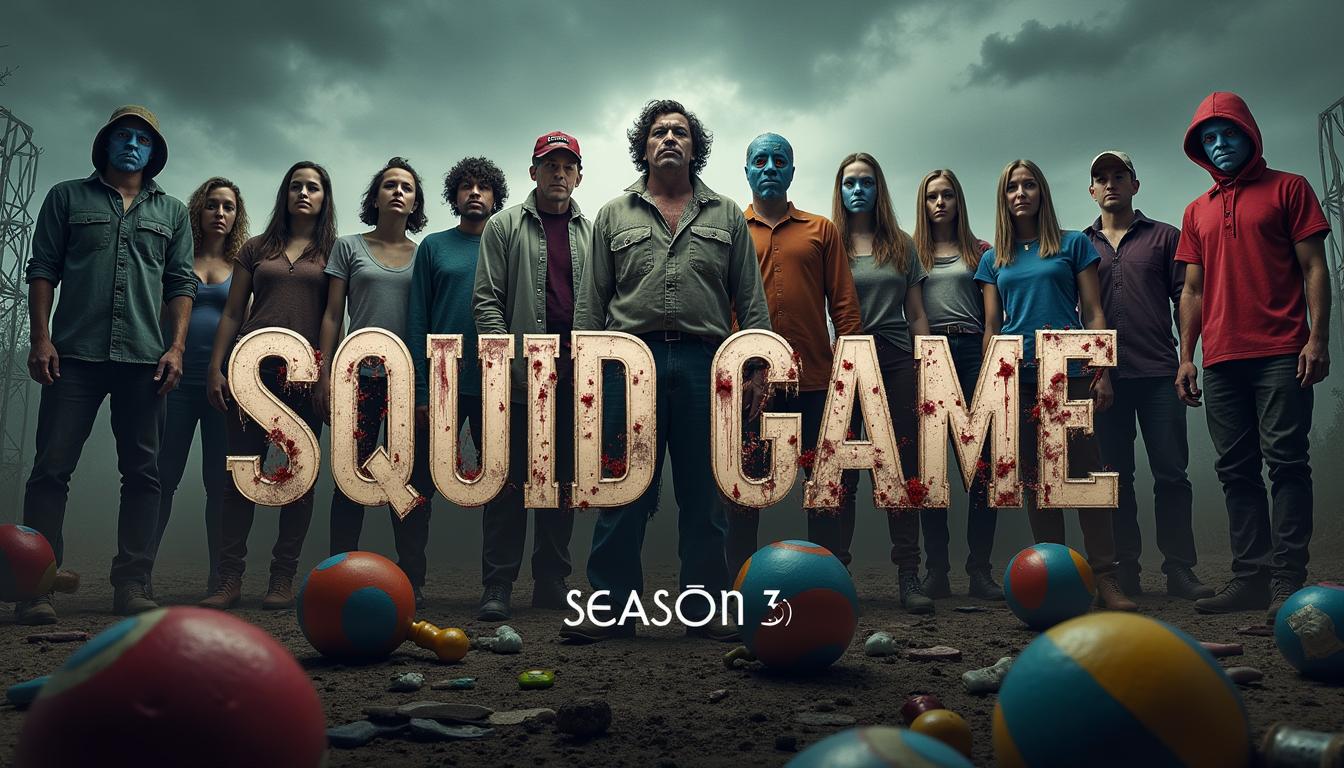 A thrilling poster for a fictional 'Squid Game' Season 3, featuring a dark and mysterious atmosphere