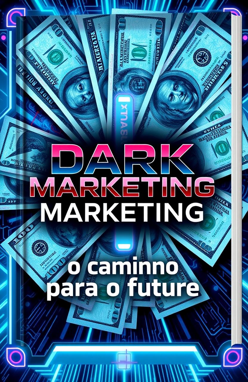 A futuristic book cover featuring vibrant and detailed 100-dollar bills, artistically arranged in the background